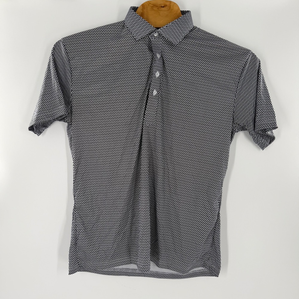 Mens Black White Geometric Micro Print Short Sleeve Dress Collar Polo Shirt M